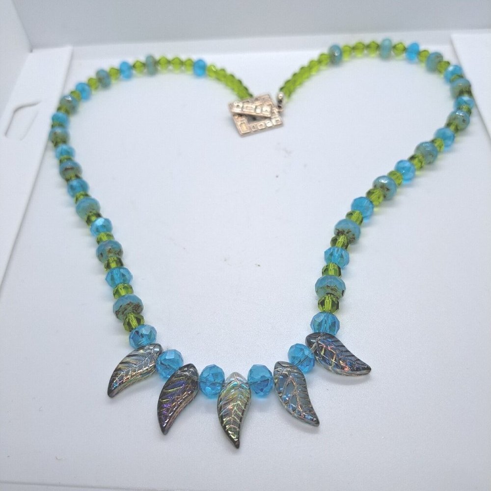 Czech Crystal & Glass Beads Beaded Necklace Blue Green Leaves